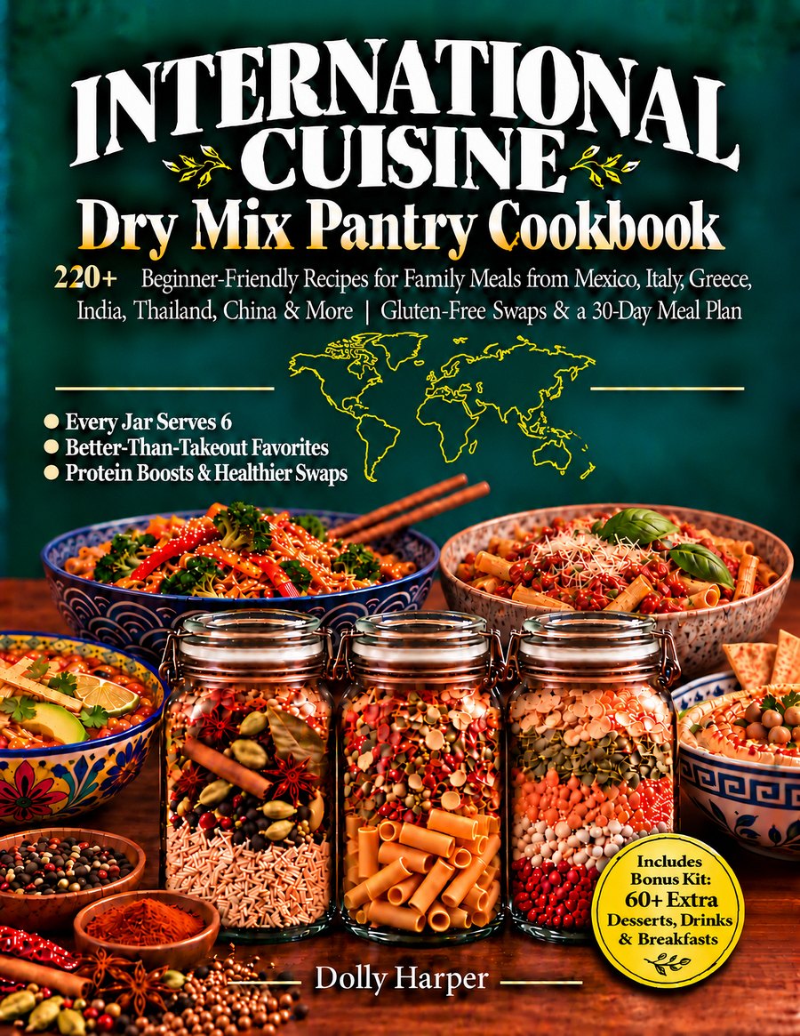Cover of International Cuisine Dry Mix Pantry Cookbook by Dolly Harper, showing jars of layered dry mixes and bowls of world dishes