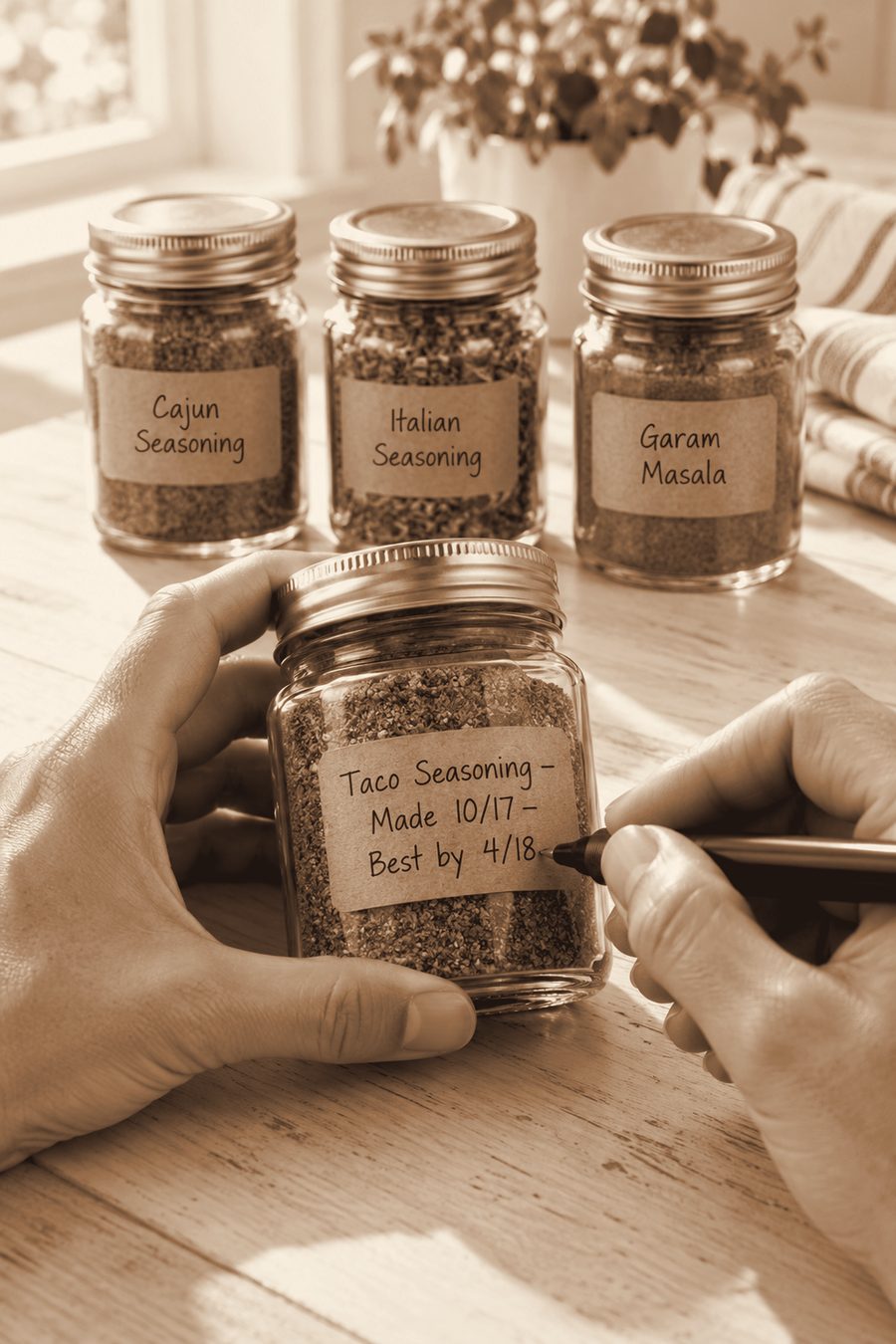Hands writing a date on a jar label